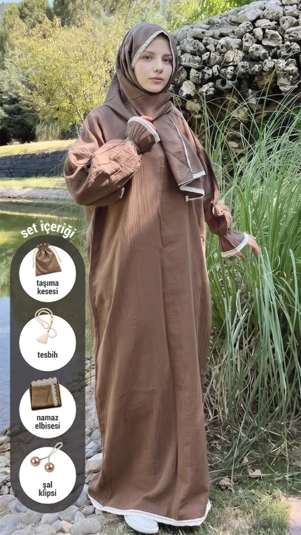 Vadre kahverengi müslin namaz elbisesi